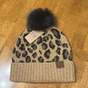 New Cute CC Leopard Print Hat with Faux Fur Pom